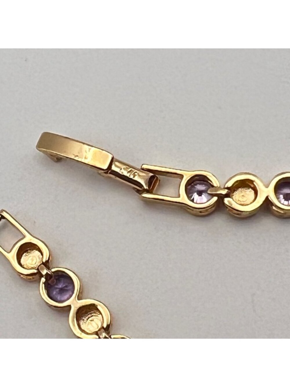 Purple CZ Gold-Tone Bracelet Bezel Set Tennis 7.5" Signed CM Stack Dainty Dressy - Picture 8 of 9